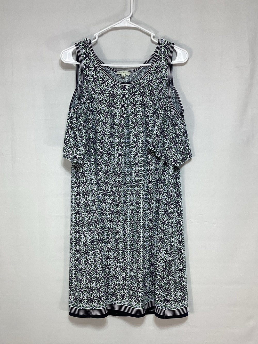 Max Studio Large Navy, Green and White Cold-Shoulder Printed Dress